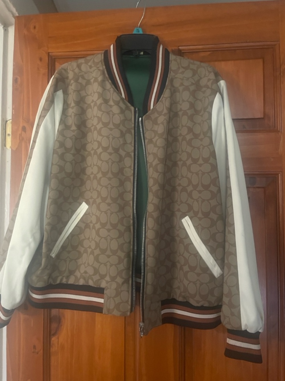 Women’s Brown Patterned Bomber Jacket with Cream Sleeves